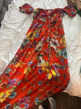 Off-Shoulder Red Floral Maxi Dress with Tassel Tie